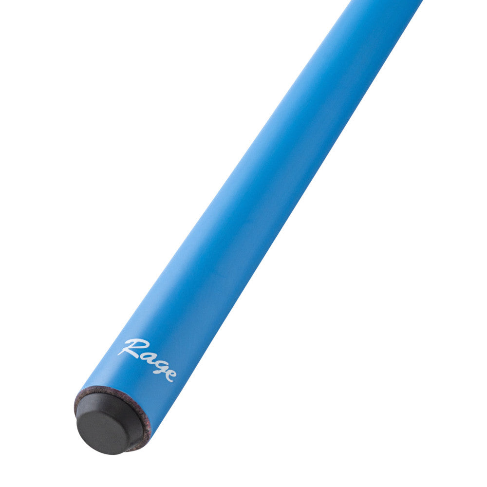 detail view of the electric blue cue butt with the logo.