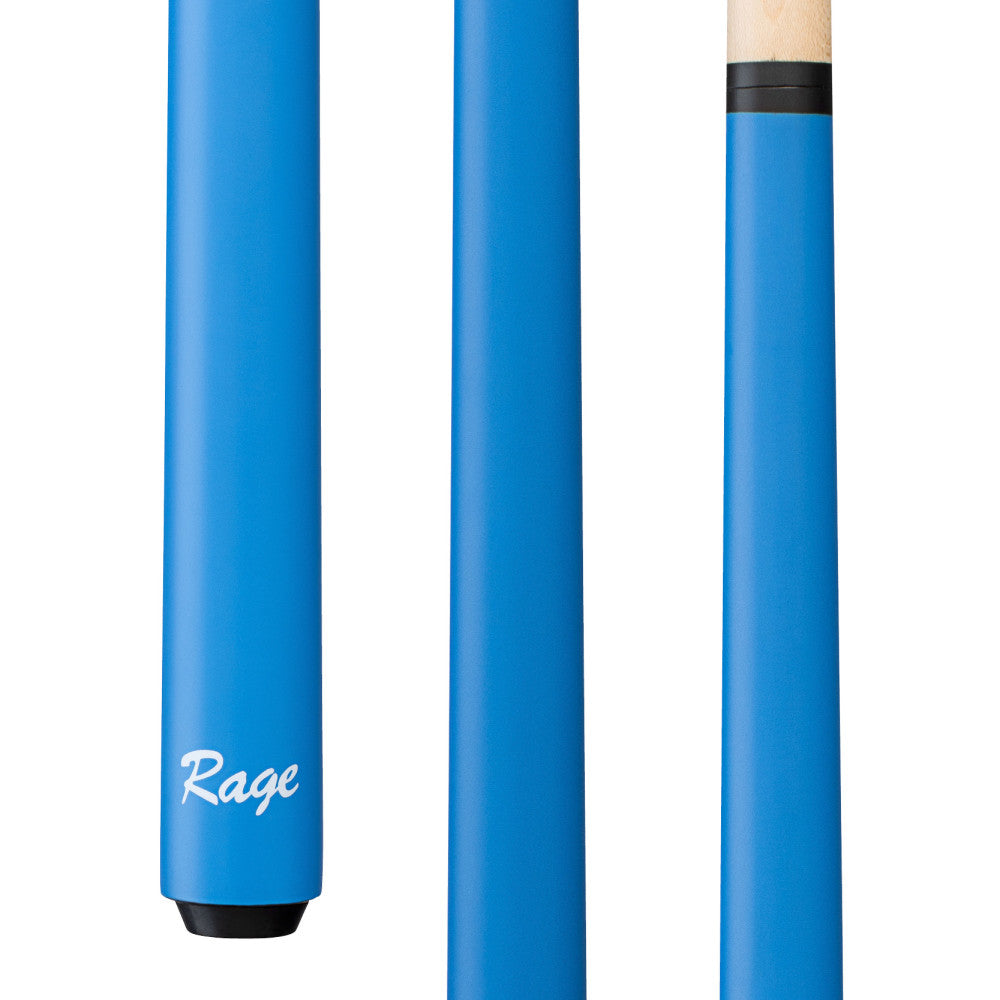 Rage Electric Blue Youth Cue showing butt end and partial shaft. RGY