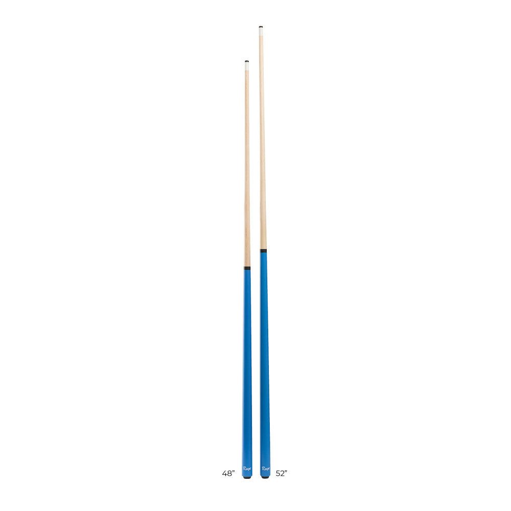 Two blue cues, 48-inch and 52-inch lengths, displayed side-by-side.