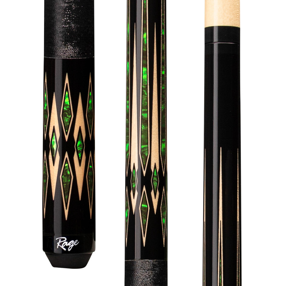Rage Emerald Emperor cue butt with black wrap and green diamond graphic design RG186