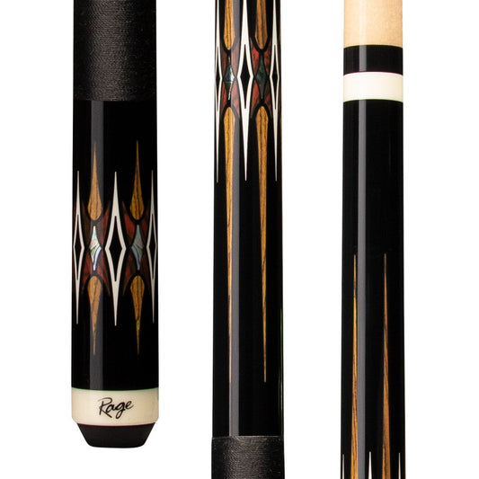 Rage Hidden Shadows cue butt and shaft sections with detailed inlay designs. RG214