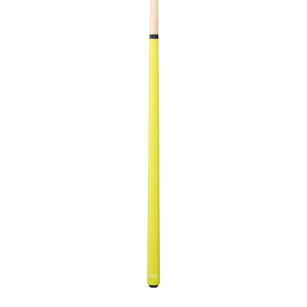 Profile view of a yellow youth pool cue with natural wood accent.