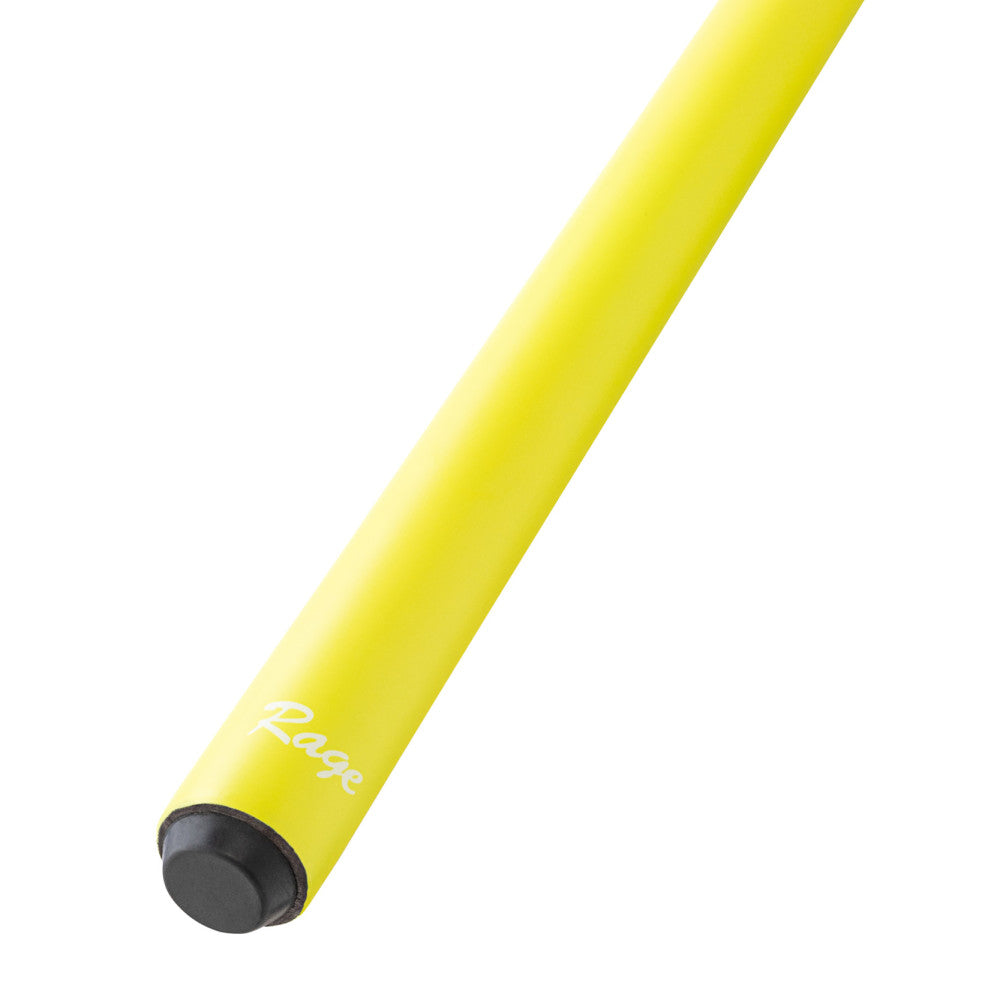 Close-up of the rubber bumper on the butt of a neon green pool cue.