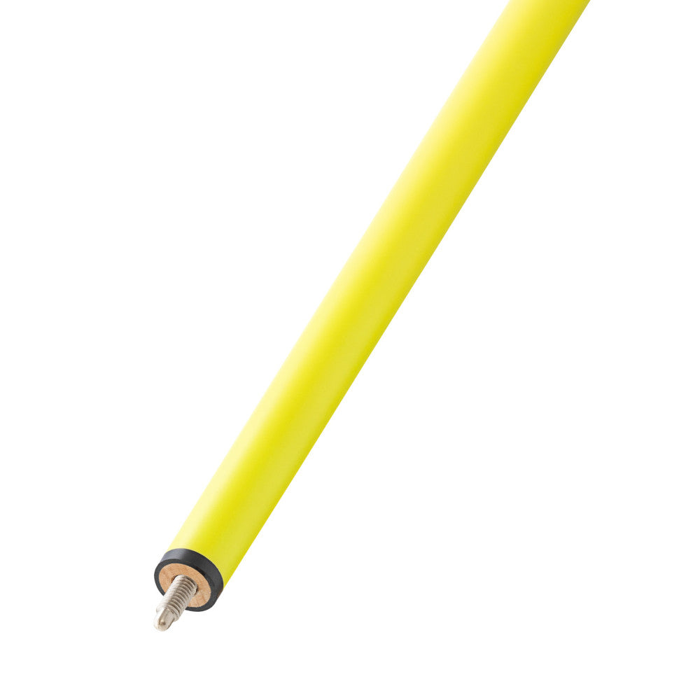 Angled view of the joint of a yellow pool cue, showing the screw pin.