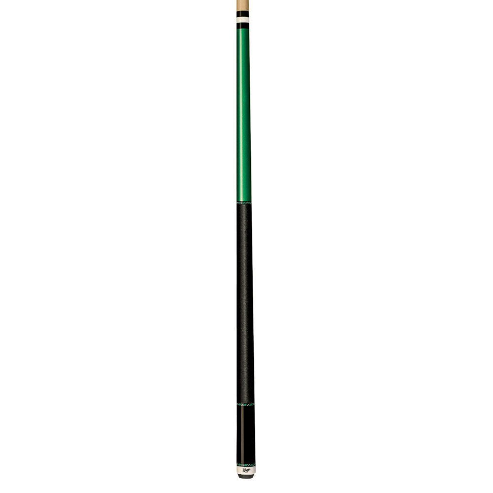 Full view of a two-piece pool cue with a black grip.