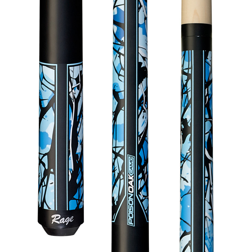Rage Matte Blue Poison Oak Camo Wrapless Cue showing butt, shaft, and joint. RGCB