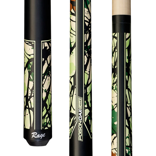 Rage Poison Oak Camo wrapless cue, showing butt and shaft sections. RGCG