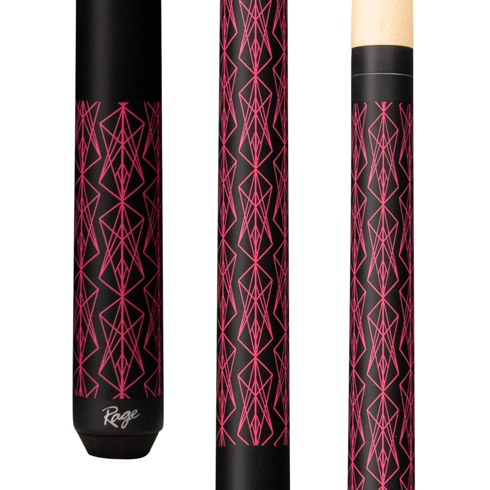 Rage RG111 wrapless cue butt with magenta matrix design.