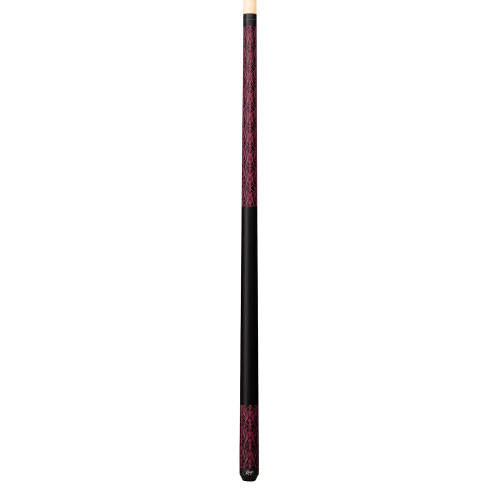 Full view of two-piece cue with black and magenta sections.