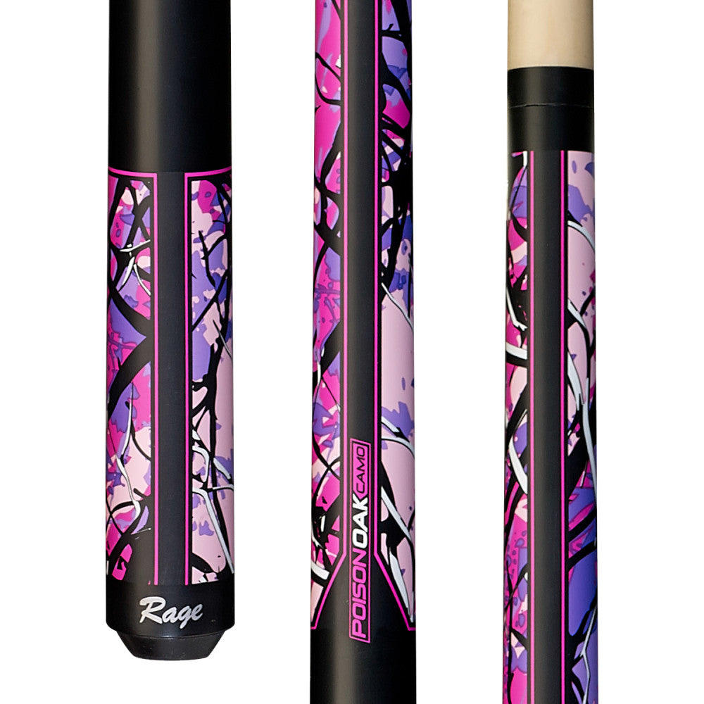 Rage Matte Pink Poison Oak Camo Wrapless Cue RGCP with pink and purple design.