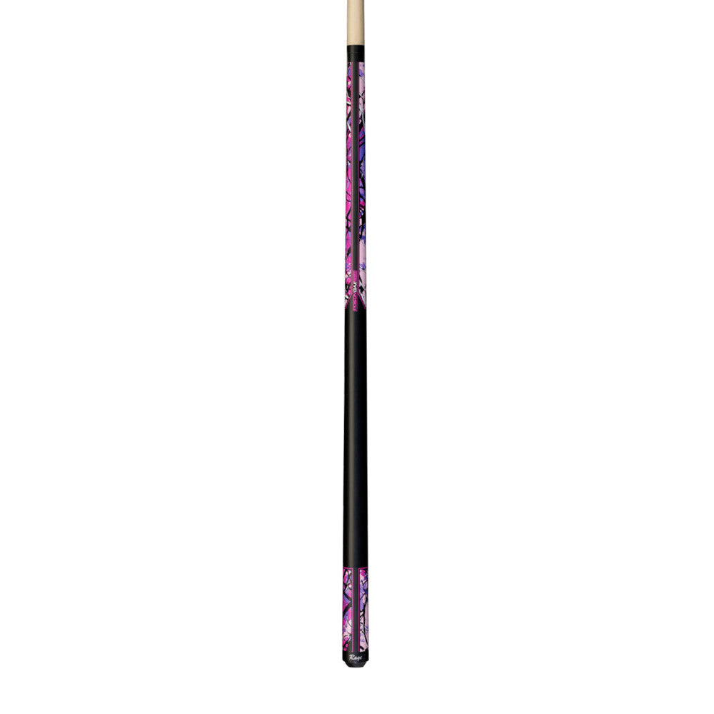 Full view of a cue with black and pink Poison Oak Camo design.