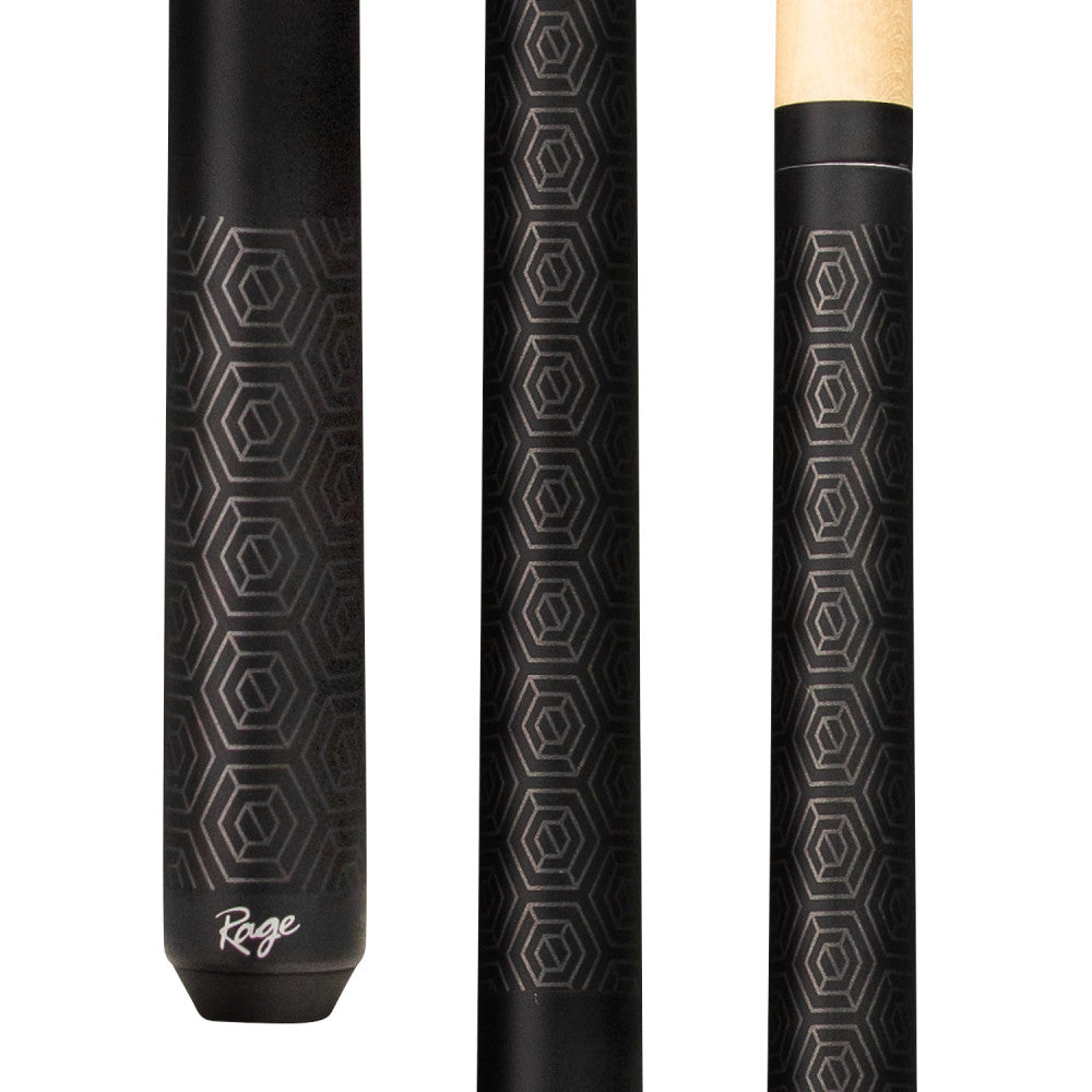 Rage Matte Raven Rambler wrapless cue detail view with hexagon pattern. RG113