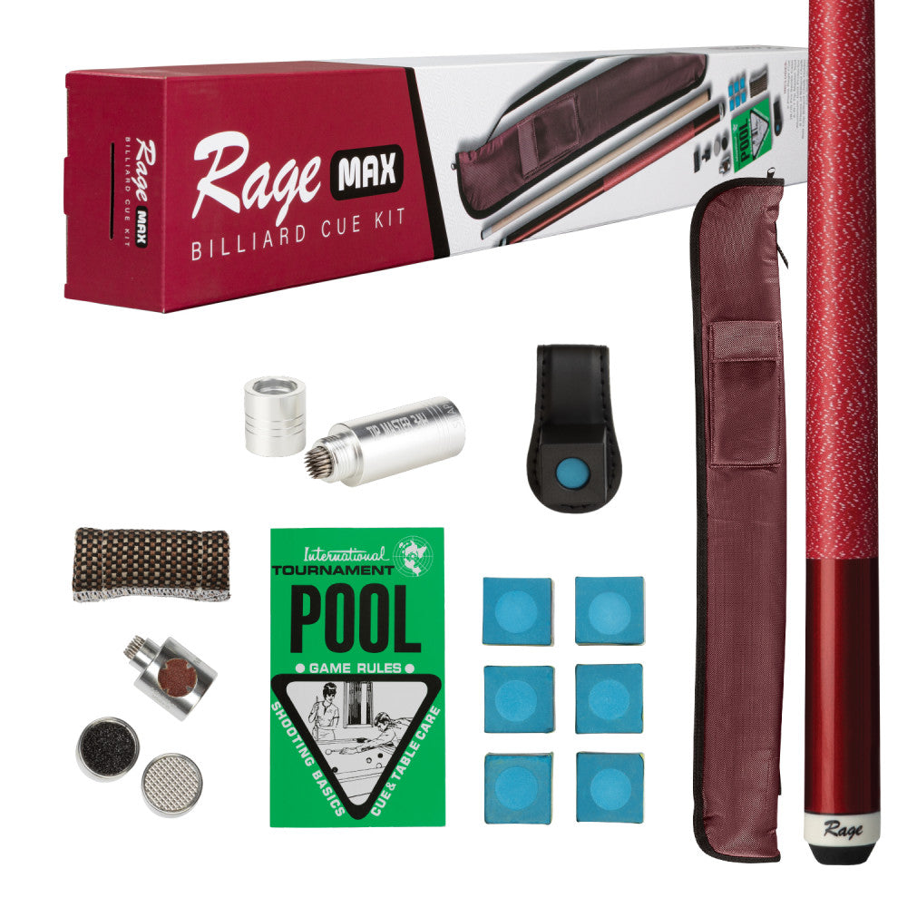 Max Billiard Cue Kit featuring red metallic finish and lizard wrap.
