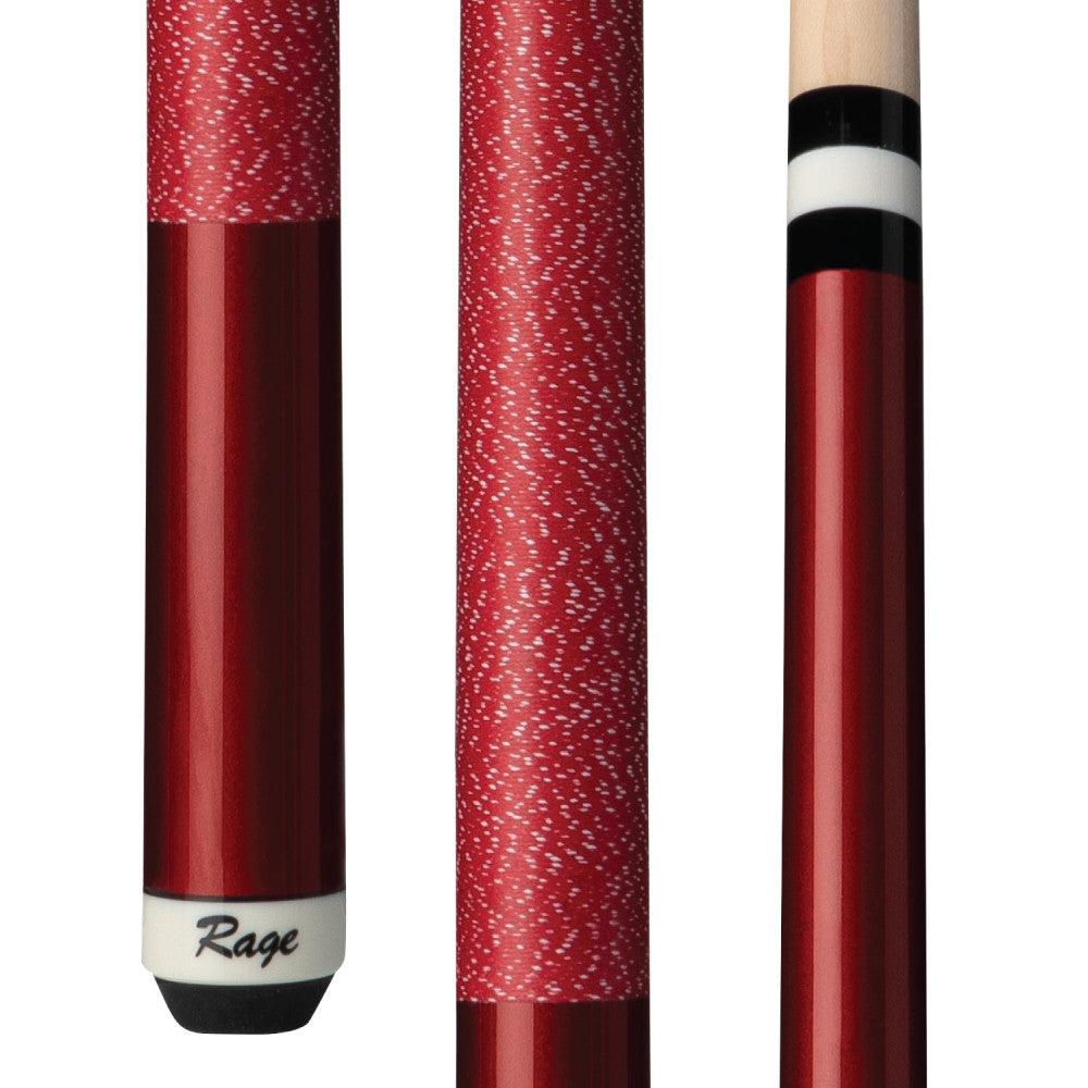 Detailed view of red billiard cue with speckled texture wrap.