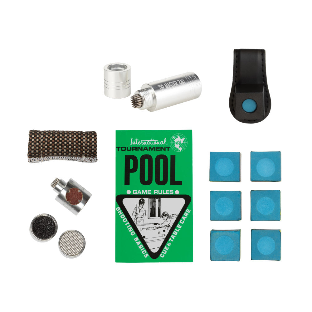 Assorted billiard accessories displayed including pool rules and chalk.