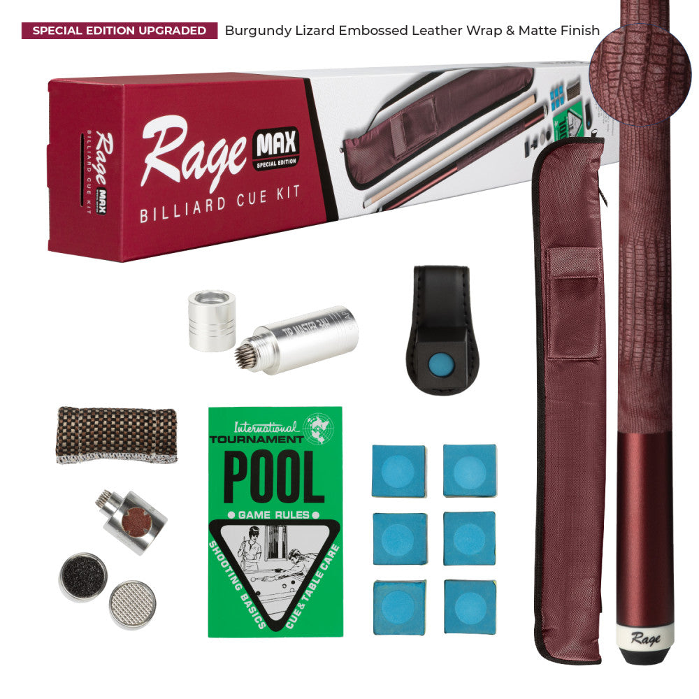 Rage Max Billiard Cue Kit with burgundy lizard wrap and accessories. RGPSBR