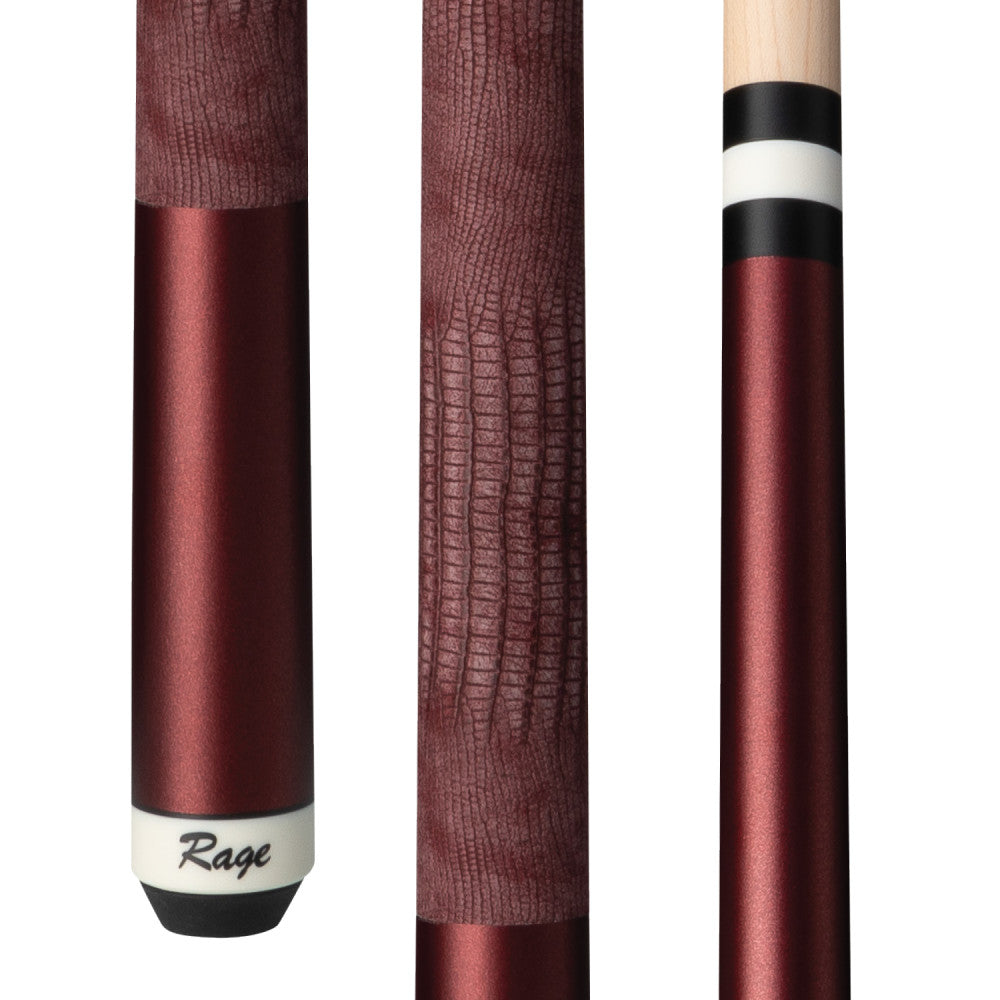 Close-up of billiard cue butt with burgundy lizard textured wrap.