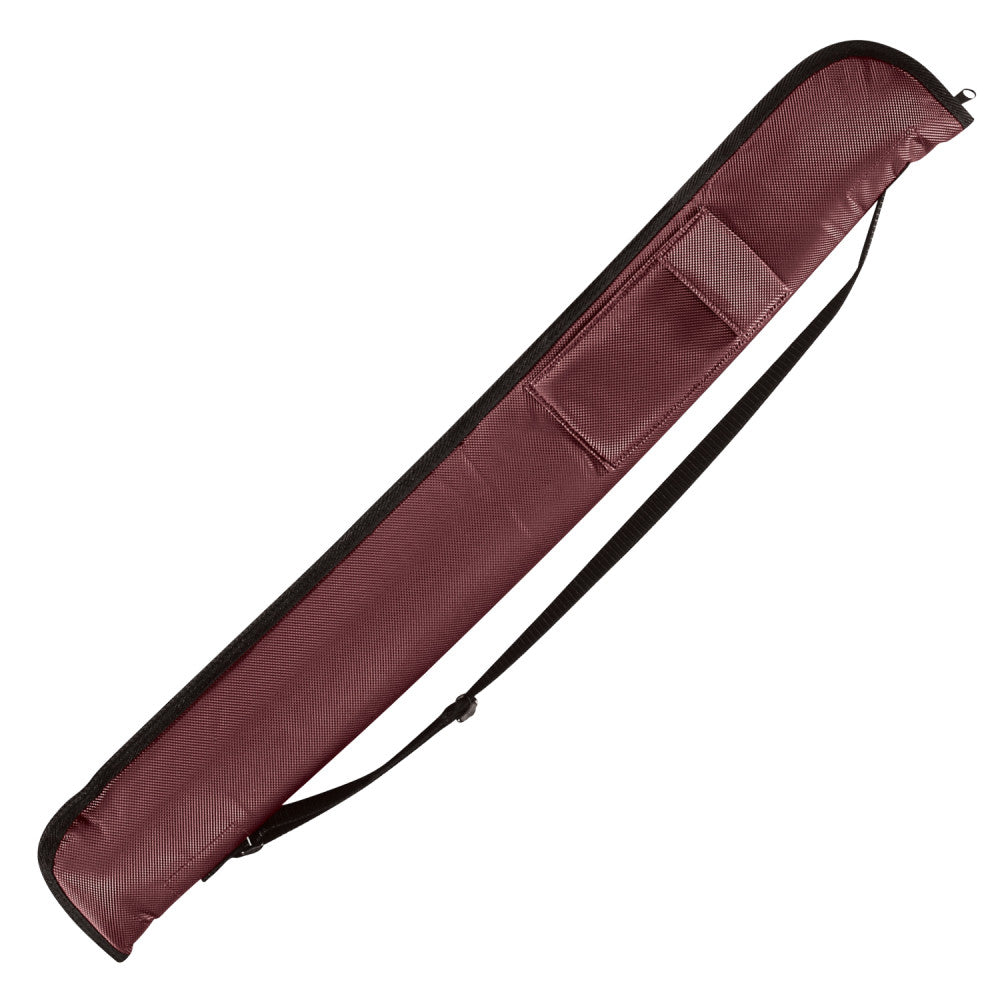 Burgundy billiard cue case with exterior storage pocket and strap.