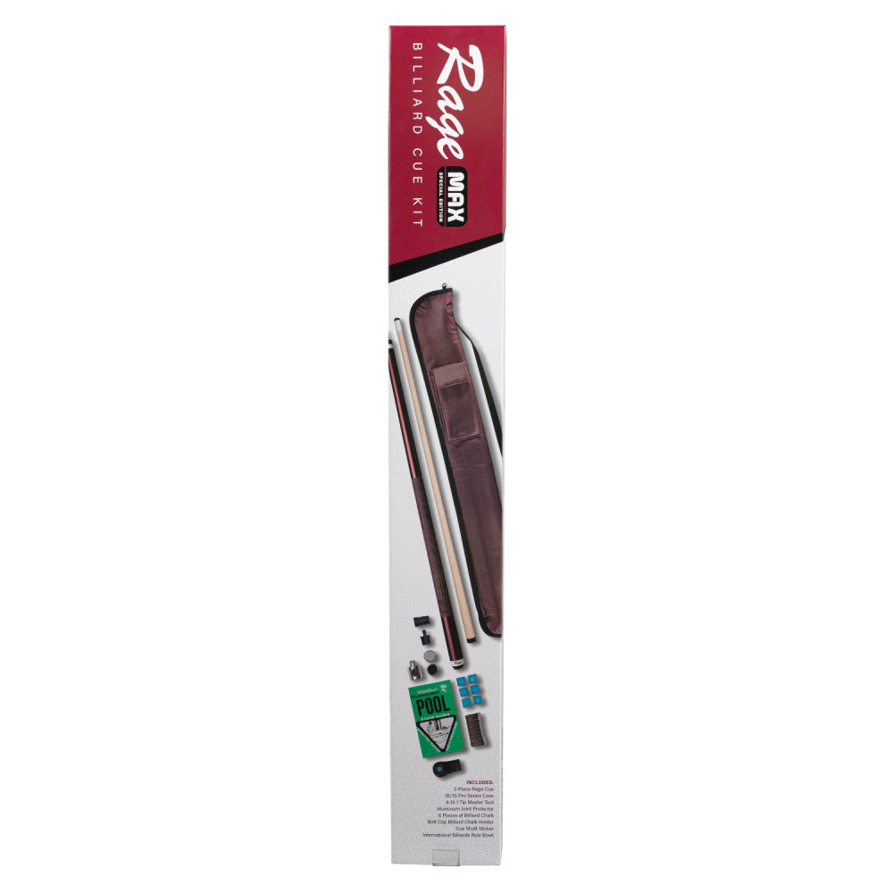 Front view of Max Billiard Cue Kit product box.