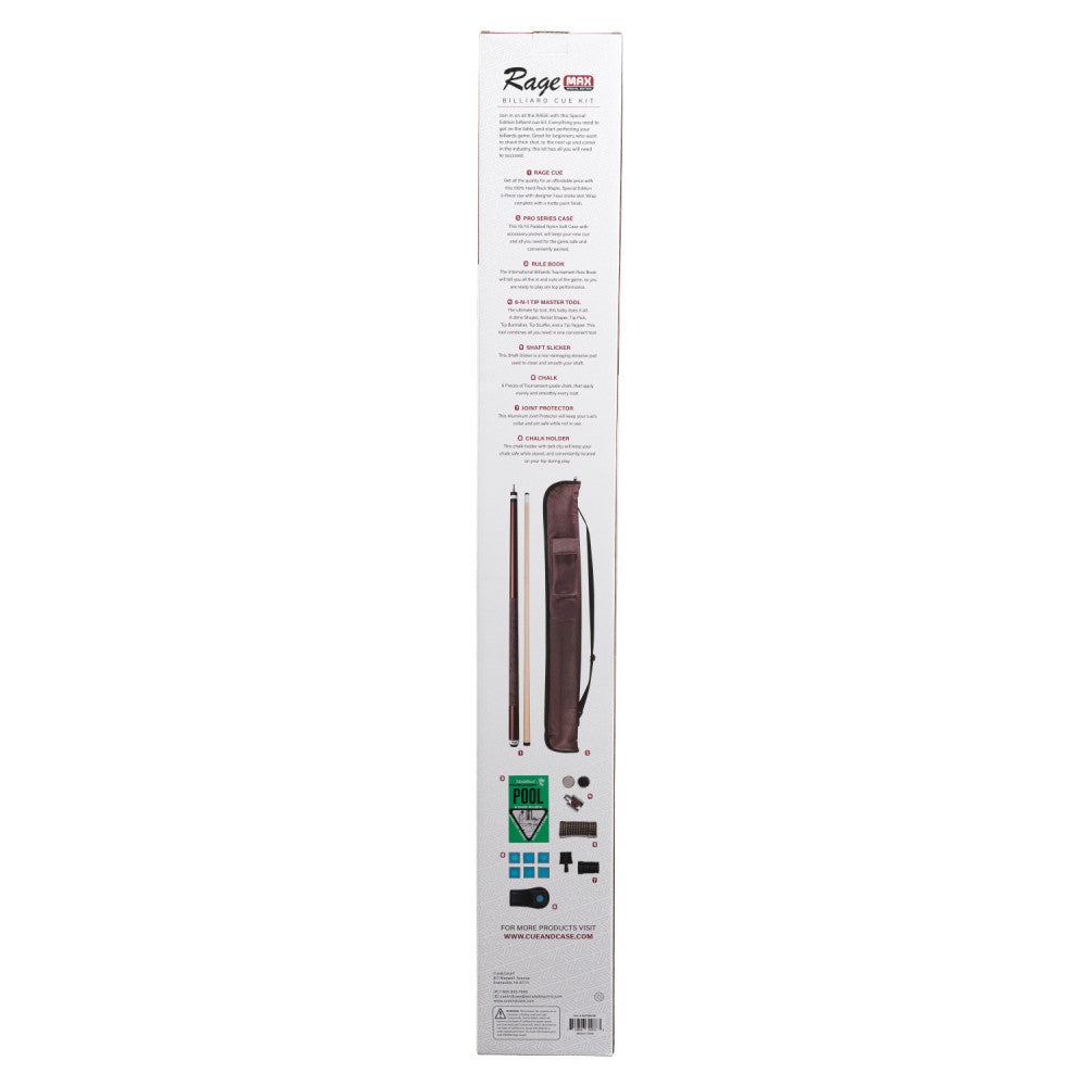 Back of Max Billiard Cue Kit box with product details.