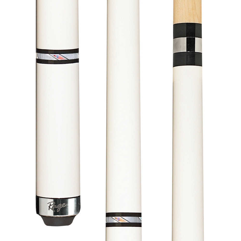 Rage Metallic White Dream Wrapless Cue RG98 butt and shaft detail.