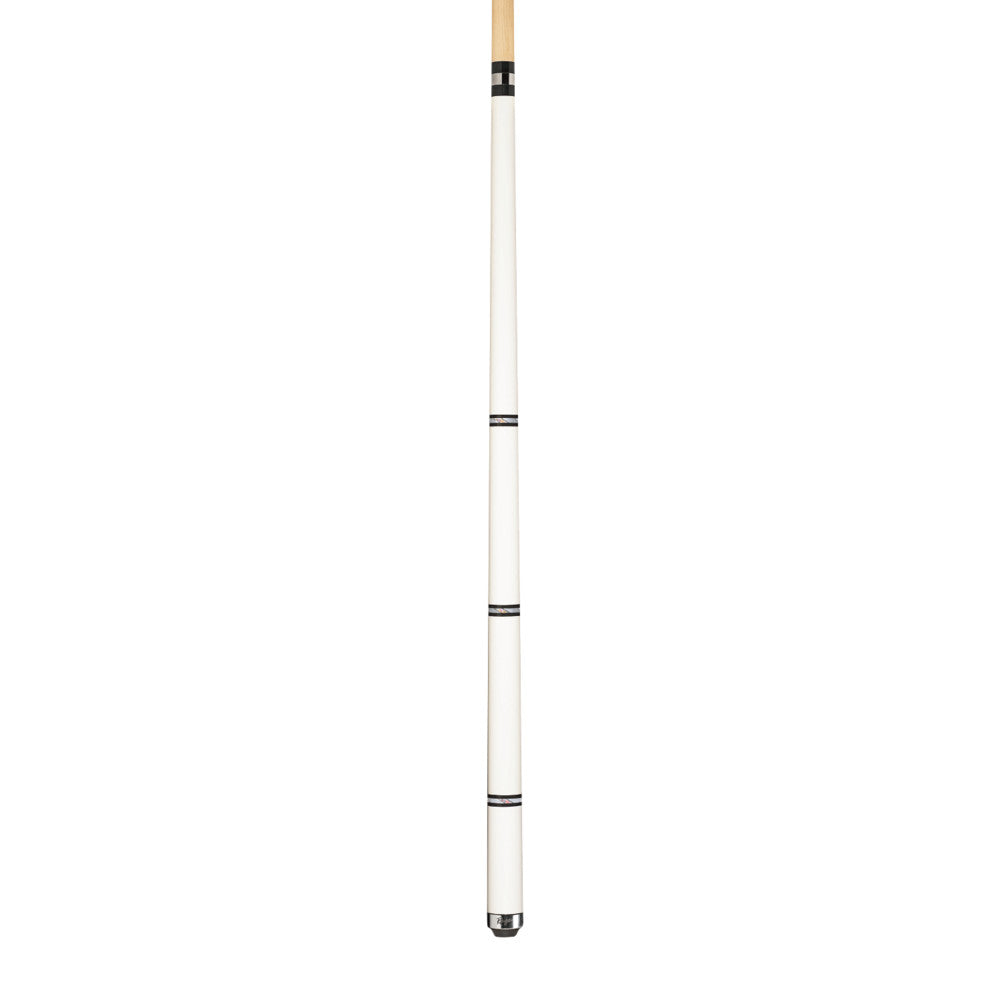 Full view of white cue with metallic silver and black accents.