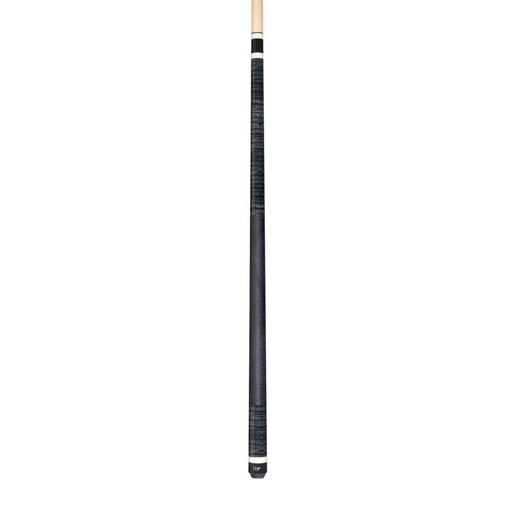 Full length view of a cue with black grip and maple shaft.