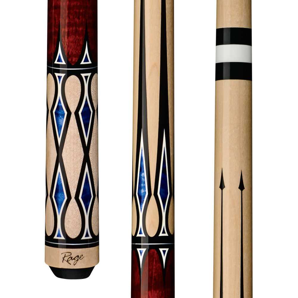 Rage Oh Romeo RG202 cue butt and shaft close-up showing inlaid designs.
