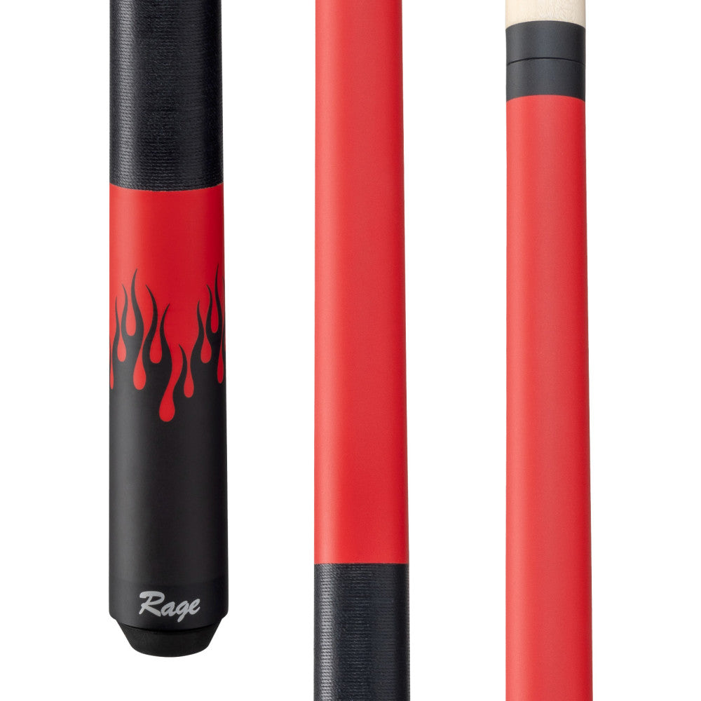 Rage Orange Flames Cue with black linen wrap, showing butt and shaft sections. RG