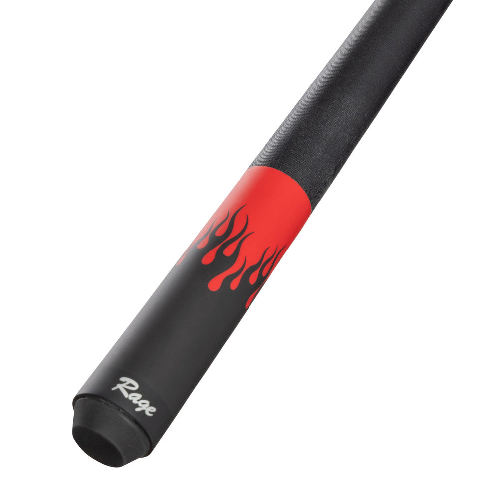 Close-up angled view of the cue's butt featuring black linen wrap and red flames