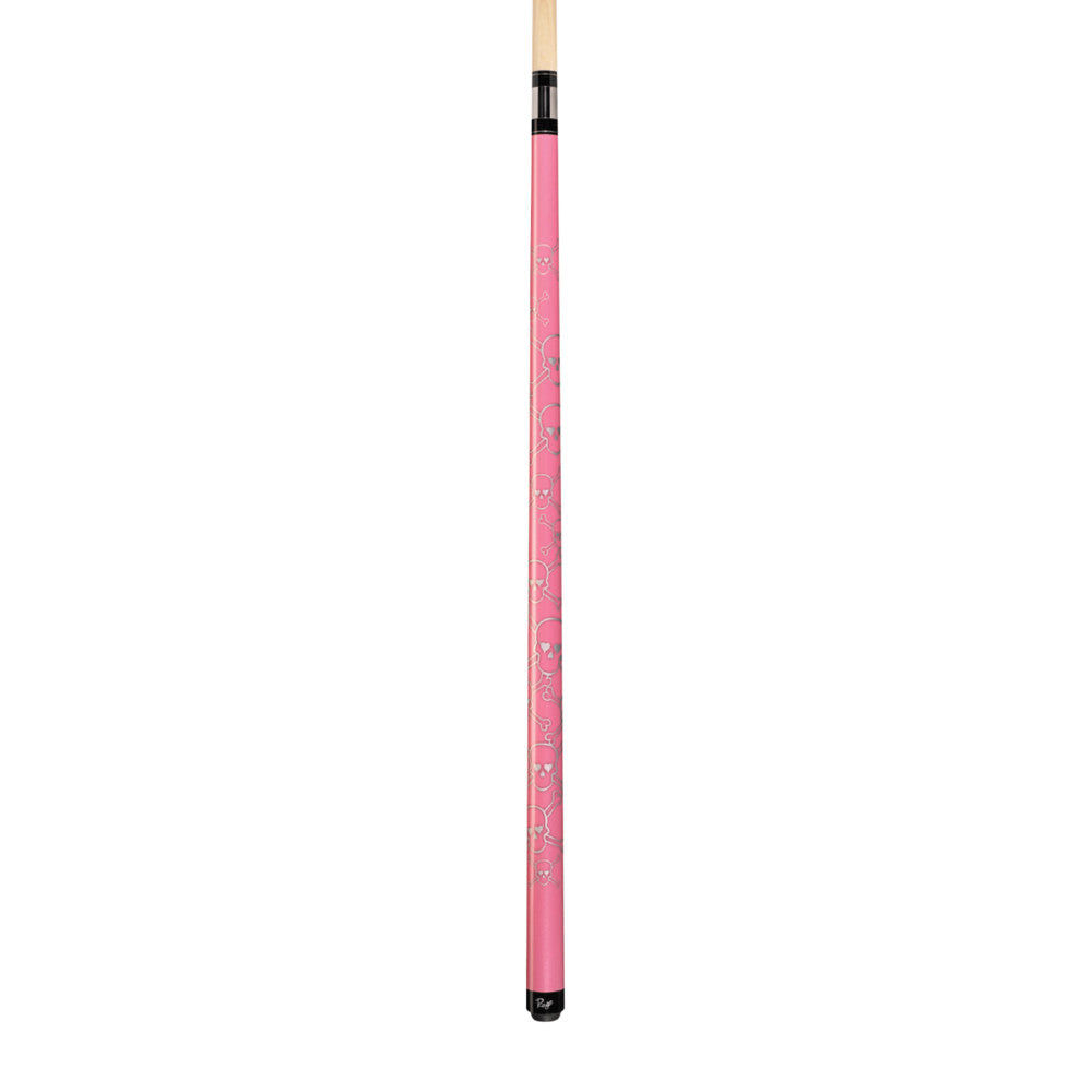 Full view of a pink billiard cue with repeating skull and crossbones pattern.
