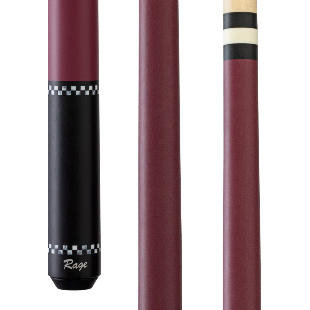 Rage Plum Red Checkers Wrapless Cue showing butt section details and shaft. RG