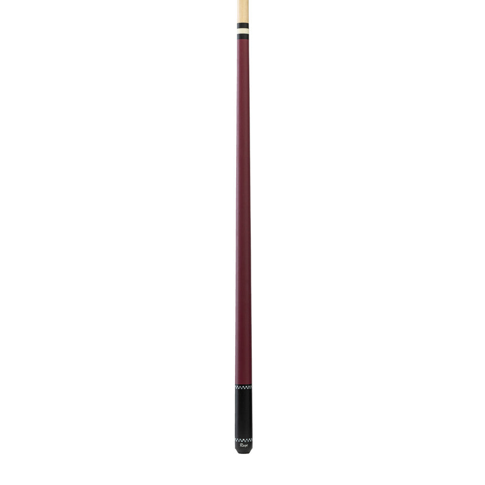 Full view of the plum red wrapless cue with black accents.
