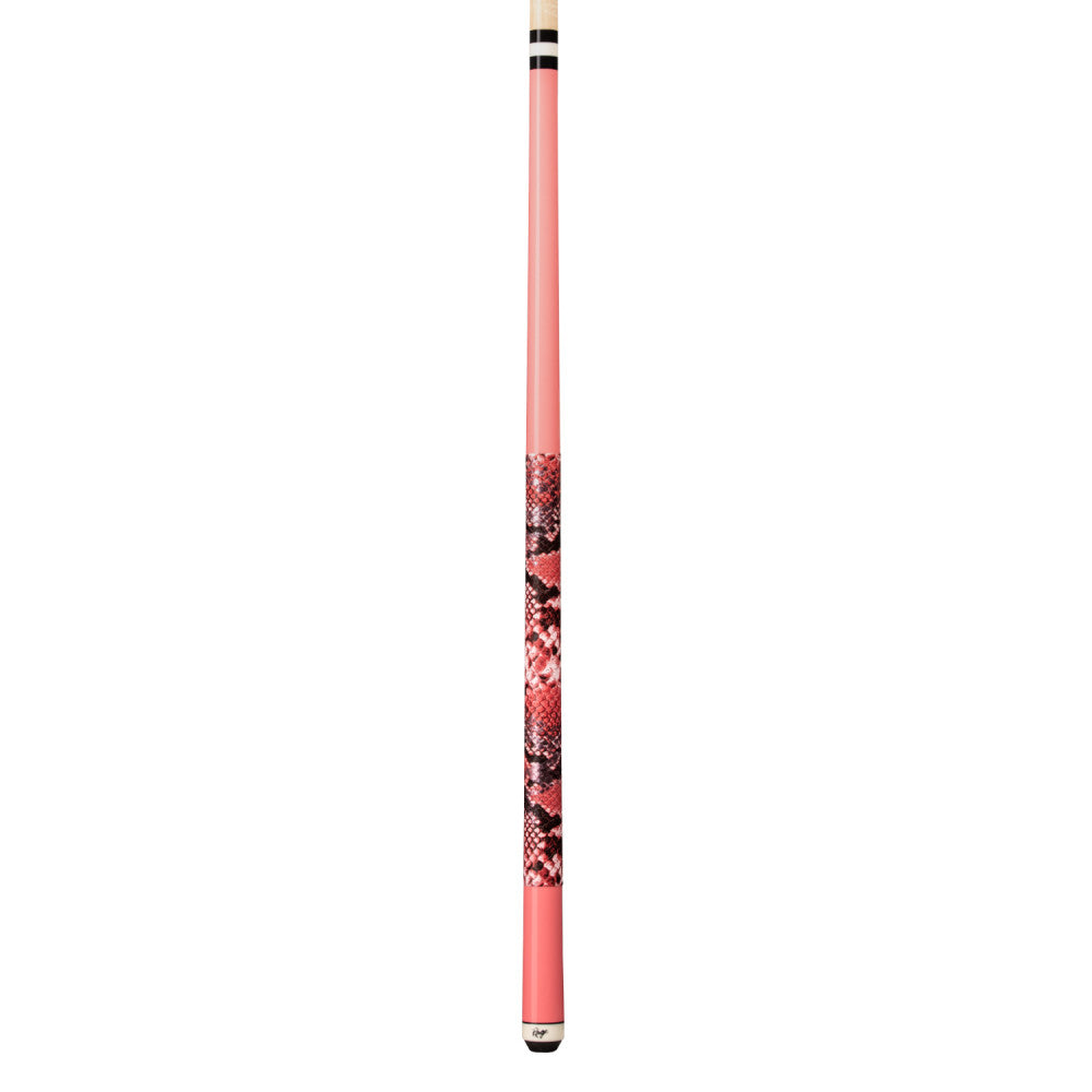 Full view of a pink pool cue with faux snake skin grip detail.