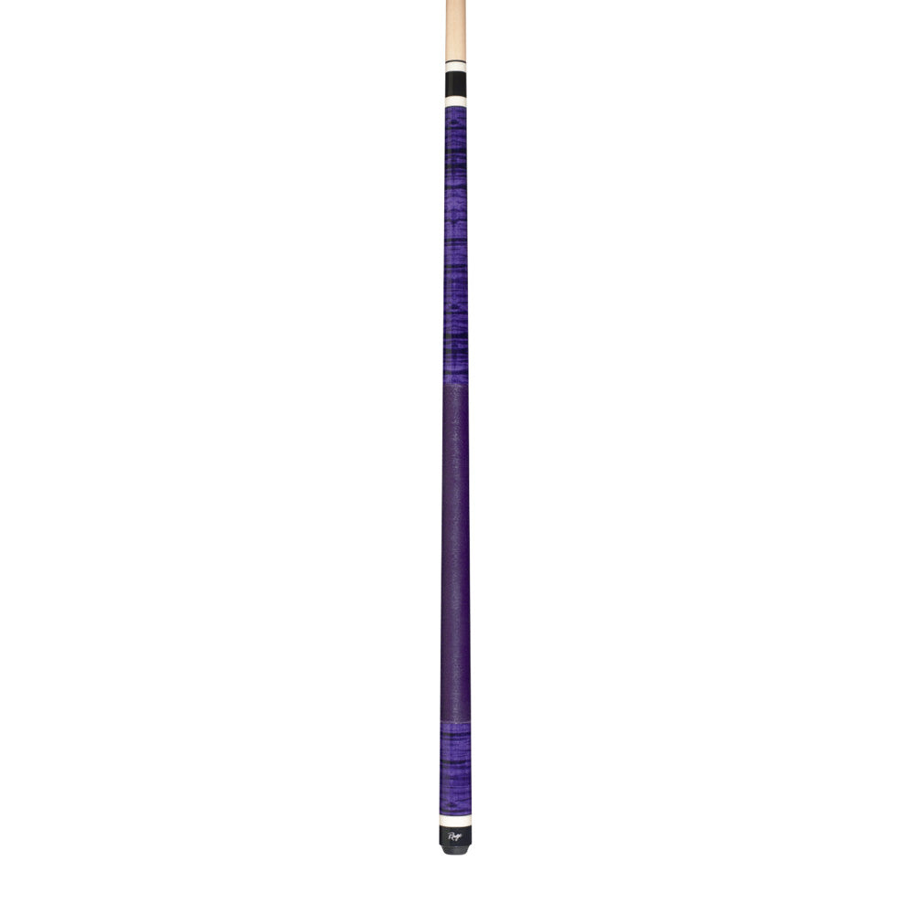 Full view of a purple billiard cue with a white and black stripe detail.