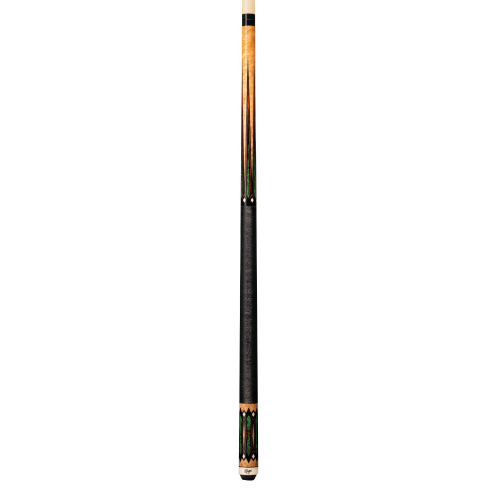 Full view of the pool cue with black nylon wrap.