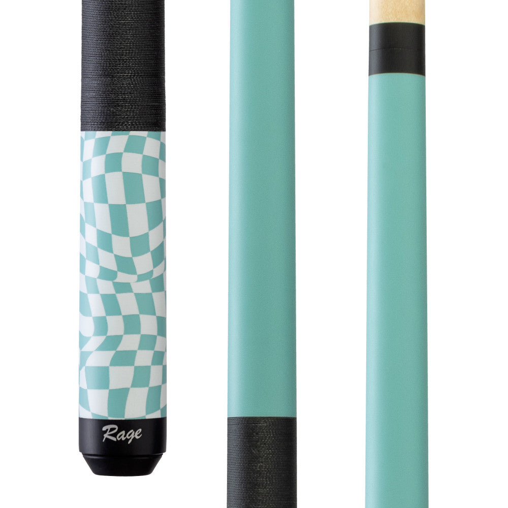Rage Sky Blue Checker Flag Cue with black linen wrap detail. RG