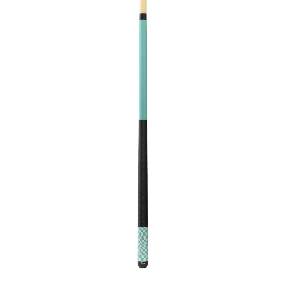 Full view of the sky blue checker flag pool cue on white background.