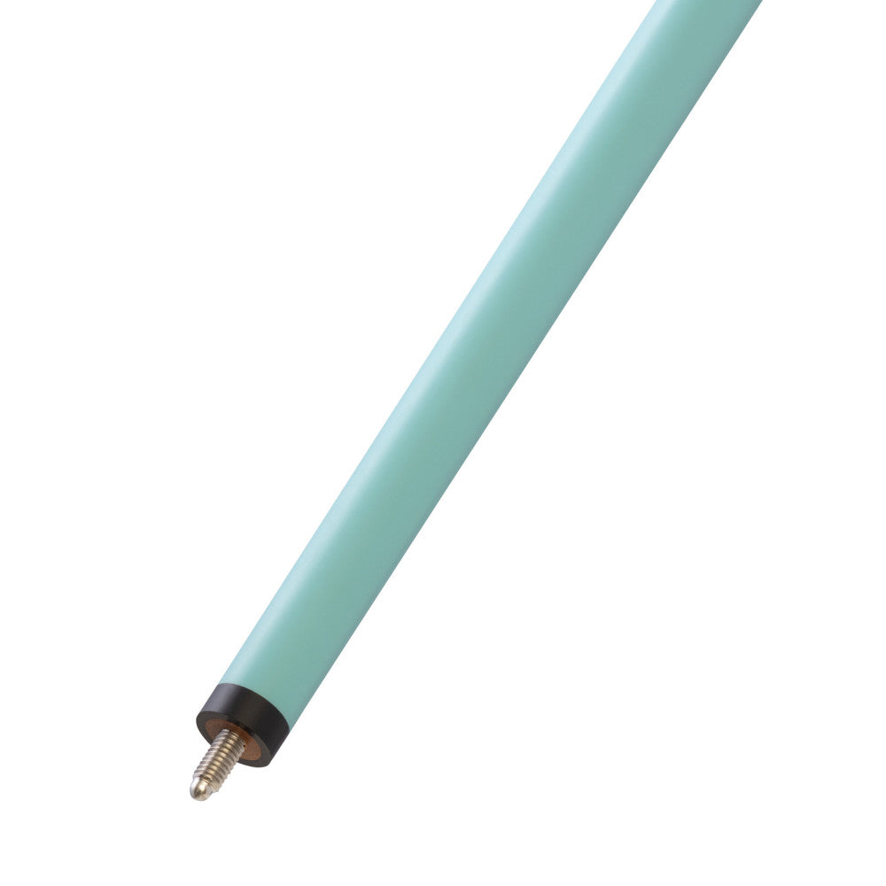 Close-up of the cue shaft with threaded joint and black ferrule.