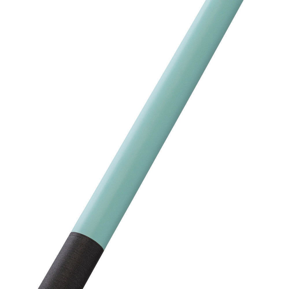 Detailed view of the sky blue cue shaft and its transition to the grip.