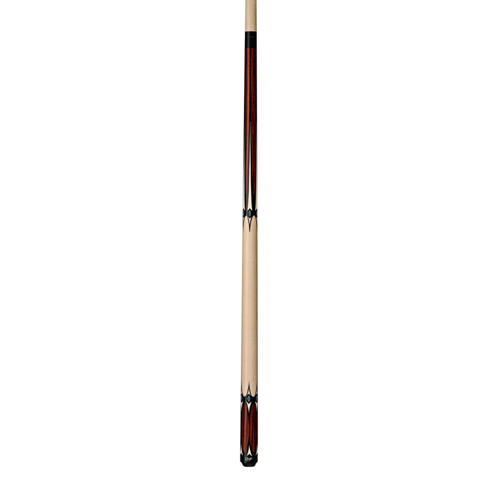Two-piece pool cue with a prominent center joint and decorative accents.