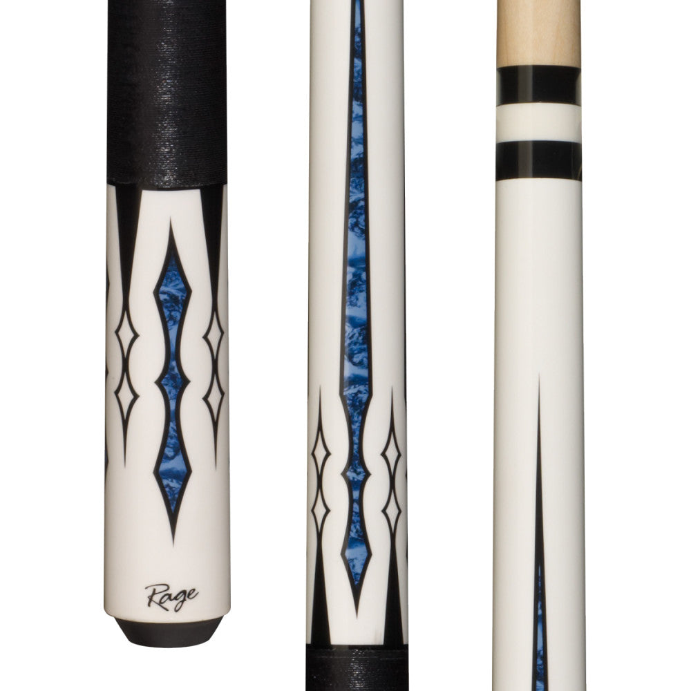 Rage White Rider cue butt with black wrap and white shaft sections. RG187