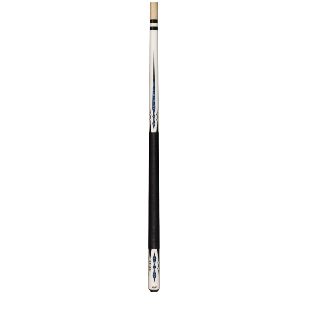Full view of the White Rider pool cue with black grip.