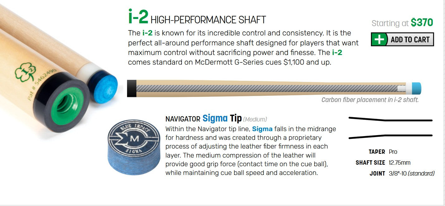 Infographic detailing the i-2 high-performance shaft and Navigator Sigma tip.
