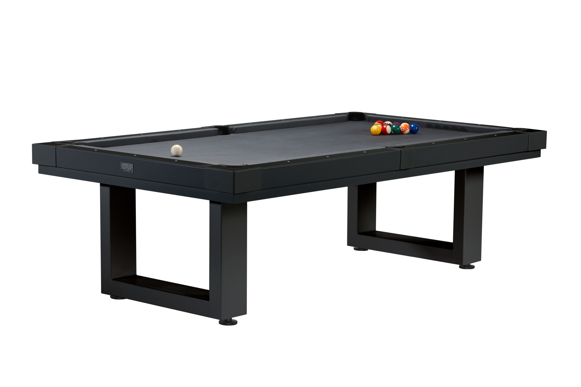 Angled view of white outdoor pool table with billiard balls racked
