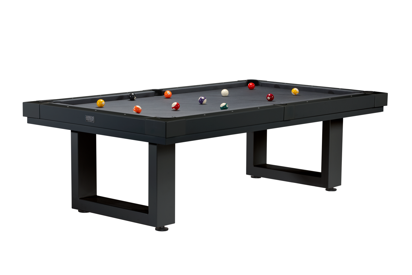 Full break shot setup on grey cloth outdoor pool table