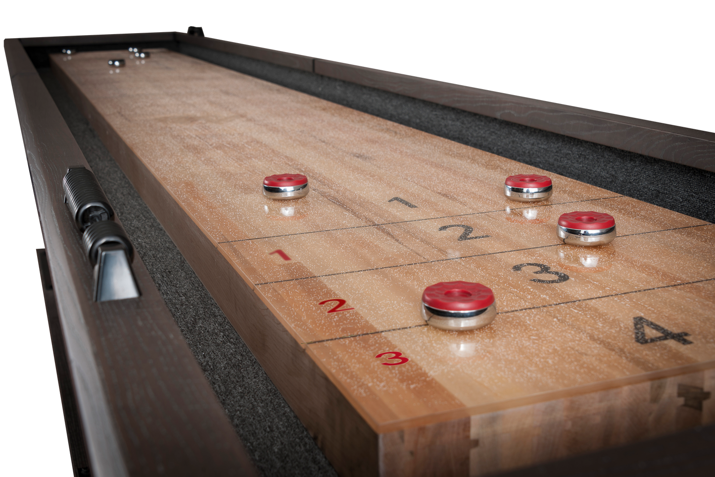 Close-up of court play area with red pucks distributed across scoring grid