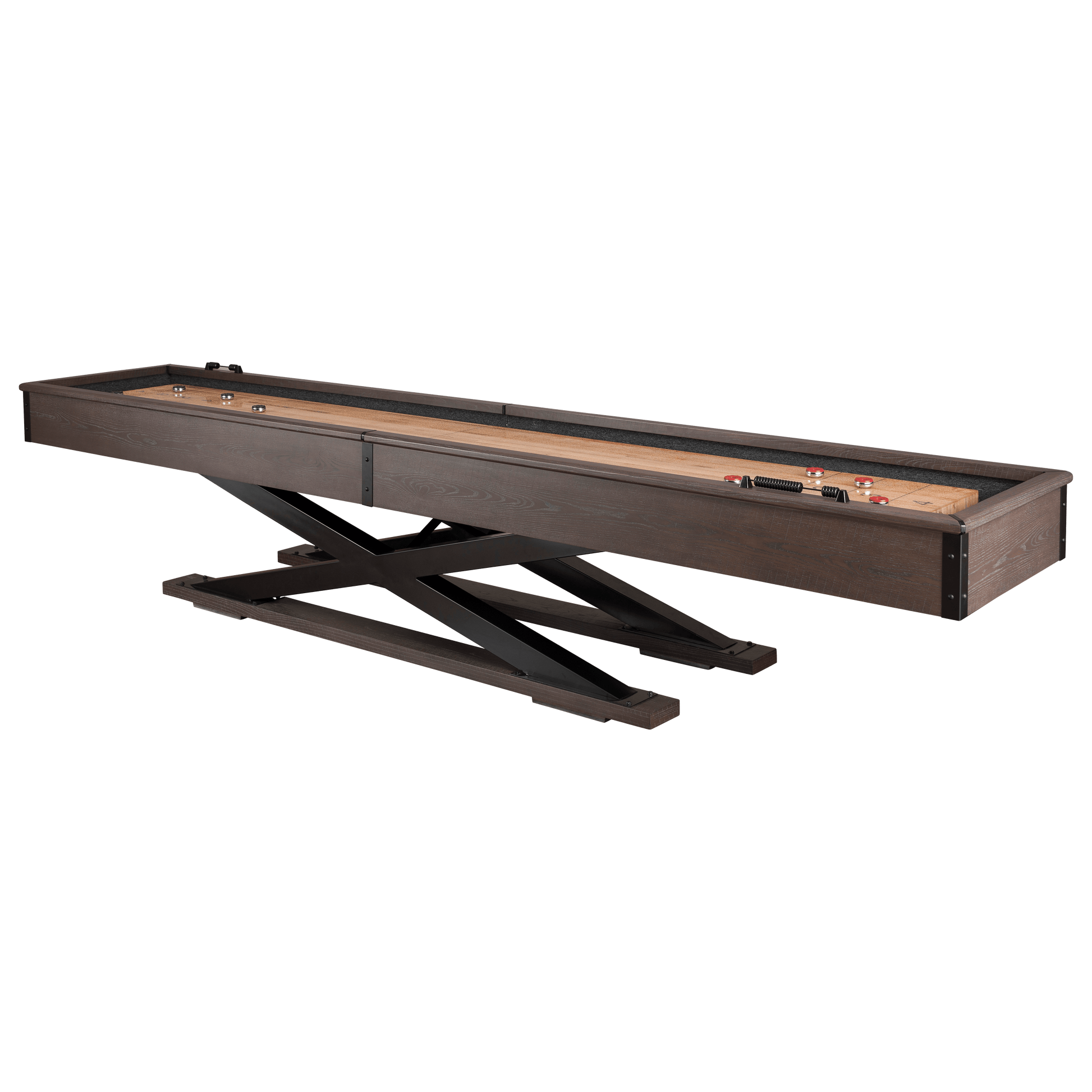 American Heritage Quest shuffleboard table with wood top and black base