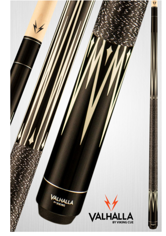 Valhalla pool cue stick with ornate white and black design elements. VA301