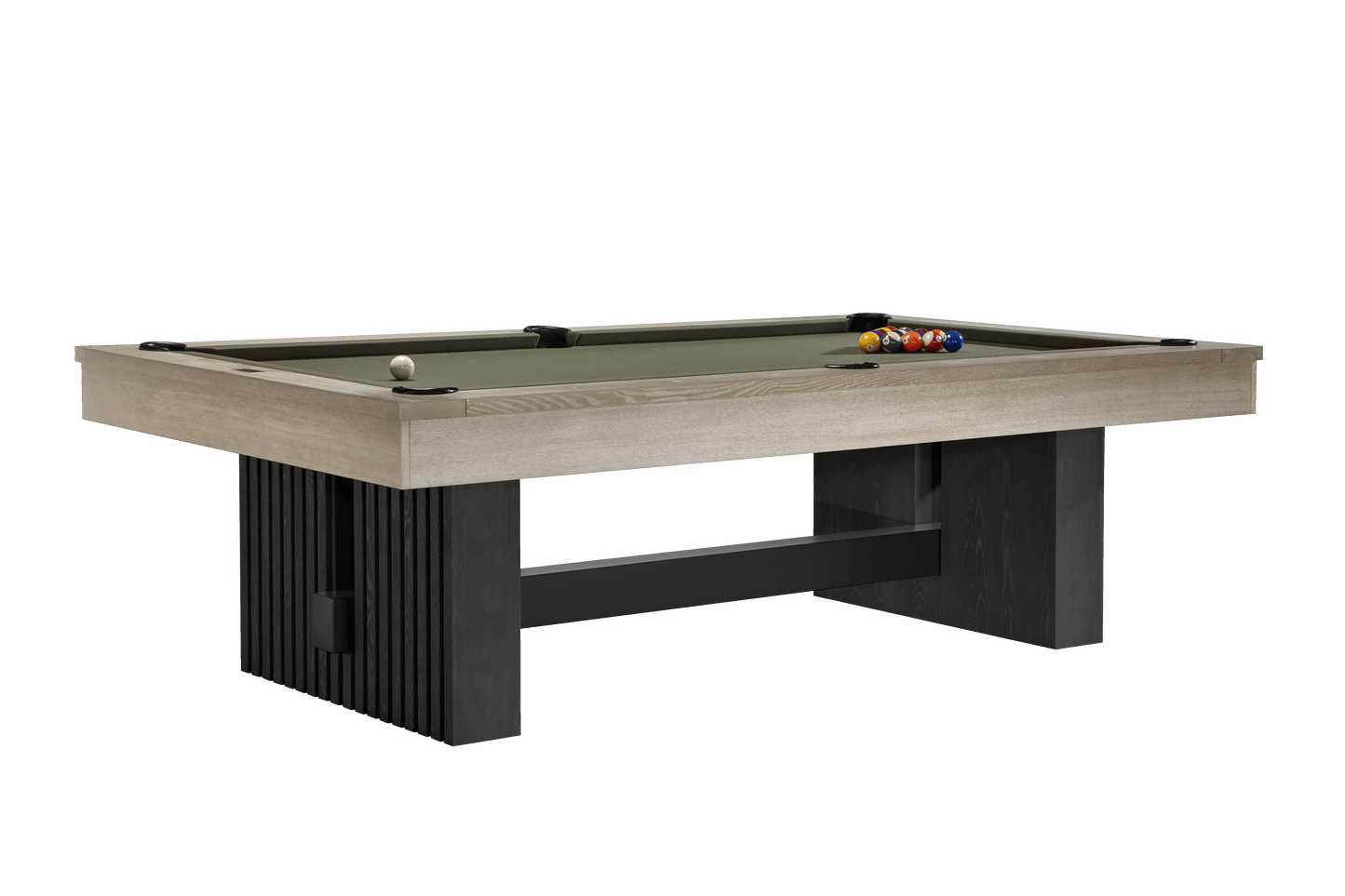 Pool table angled view showing olive cloth playing surface and black legs